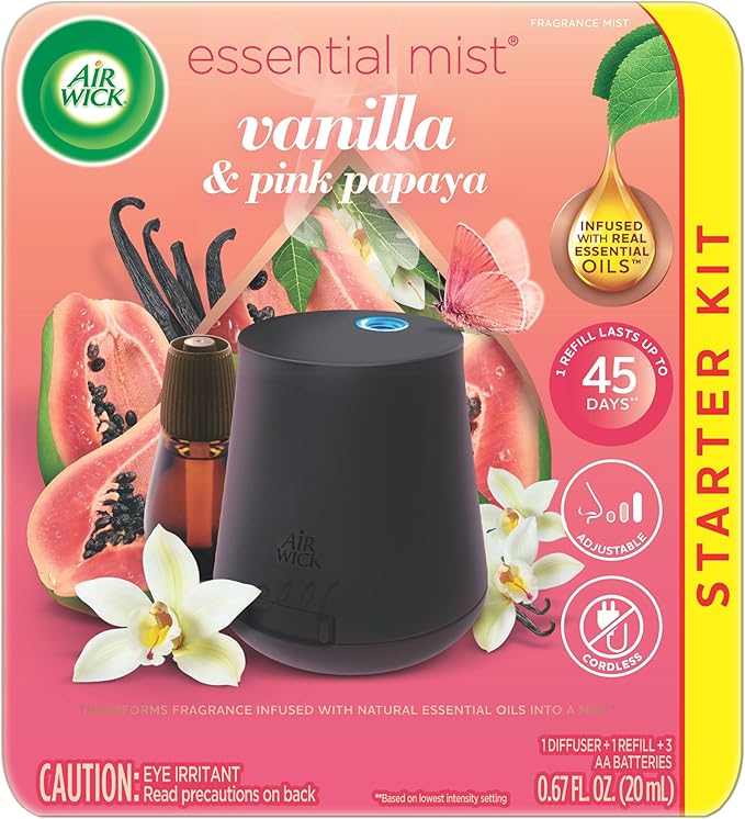 Air Wick Essential Mist Starter Kit (Diffuser + Refill) Vanilla & Pink Papaya Essential Oils Diffuser, Air Freshener Starter Kit