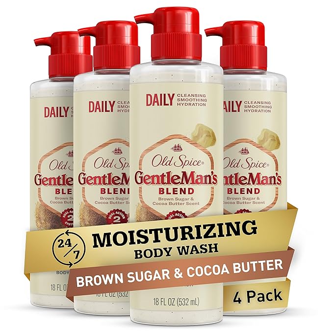 Old Spice GentleMan's Exfoliating & Moisturizing Body Wash for Men, 24/7 Shower Fresh with Long Lasting Scent,Brown Sugar + Cocoa Butter Scent, 18 oz (Pack of 4)