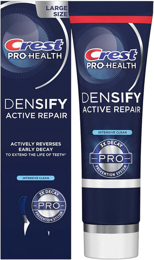 Crest Pro-Health Densify Active Repair Intensive Clean Toothpaste tube and box, promoting enamel protection and decay prevention.