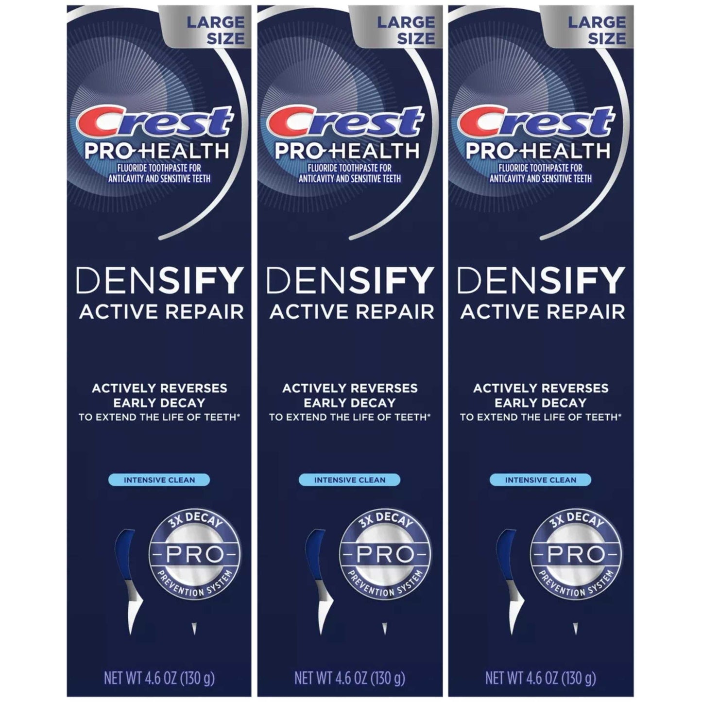 Three boxes of Crest Pro-Health Densify Active Repair toothpaste on a white background