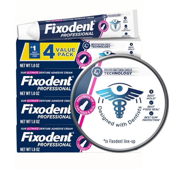 Fixodent Professional denture adhesive cream packaging with a close-up of the product.