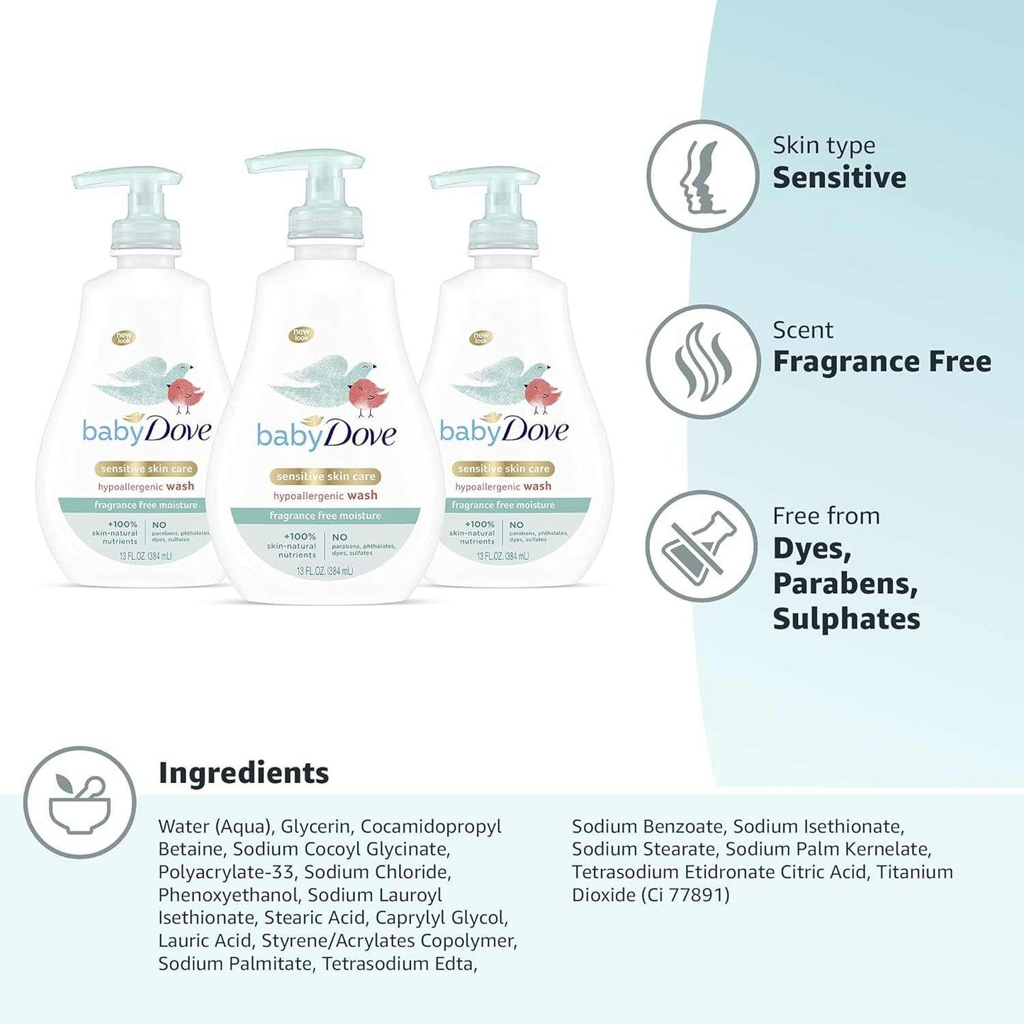 Dove Tip to Toe Baby Body Wash For Baby's Sensitive Skin Sensitive Moisture Washes Away Bacteria, Fragrance-Free and Hypoallergenic Baby Soap, 13 Fl Oz (Pack of 3)